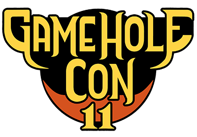 Game Hole Con 11 logo. The words are in fancy gold text outlined in black. Sits on an orange circle.